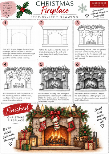 Christmas Fireplace Step-by-Step Drawing Worksheet | KS3 & KS4 Art | Tonal Drawing