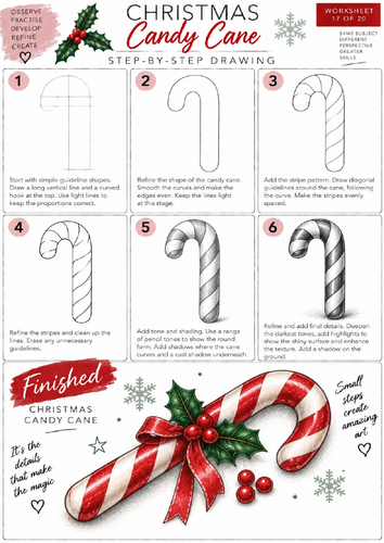 Christmas Candy Cane Step-by-Step Drawing Worksheet | KS3 & KS4 Art | Shading & Form