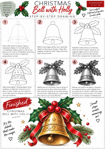 Christmas Bell with Holly Step-by-Step Drawing Worksheet | KS3 & KS4 Art | Shading