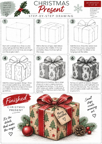 Christmas Present Step-by-Step Drawing Worksheet | KS3 & KS4 Art | 3D Drawing & Shading