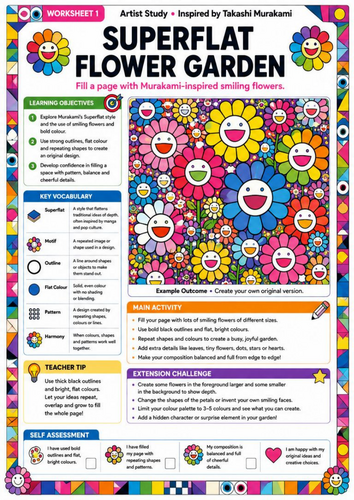 Takashi Murakami Inspired Superflat Flower Garden | KS3 Art Drawing Worksheet