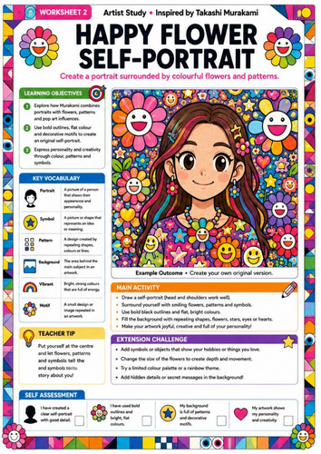 Takashi Murakami Inspired Happy Flower Self-Portrait | KS3 Art Portrait Worksheet