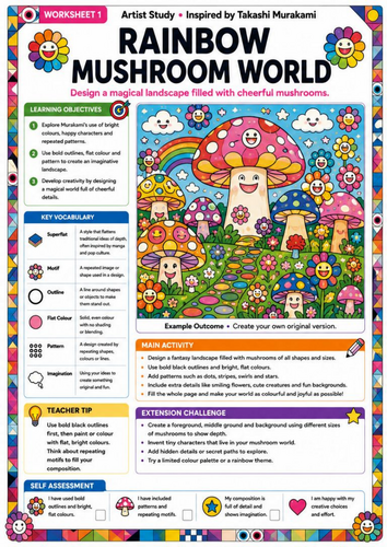 Takashi Murakami Inspired Rainbow Mushroom World | KS3 Fantasy Art Worksheet