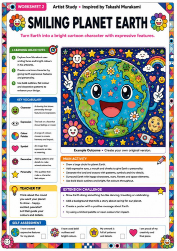 Takashi Murakami Inspired Smiling Planet Earth | KS3 Pop Art Character Worksheet