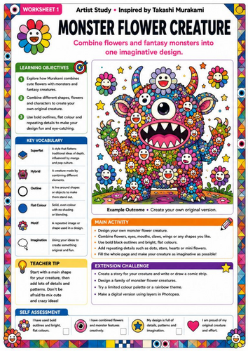 Takashi Murakami Inspired Monster Flower Creature | KS3 Creative Drawing Worksheet