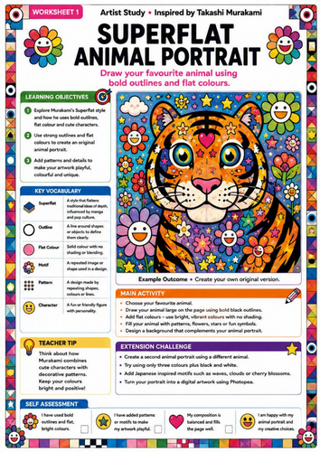 Takashi Murakami Inspired Superflat Animal Portrait | KS3 Animal Drawing Worksheet