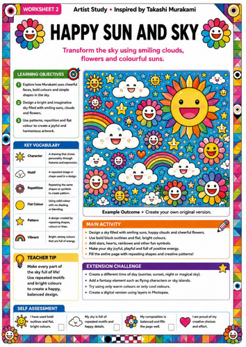 Takashi Murakami Inspired Happy Sun and Sky | KS3 Colourful Art Worksheet
