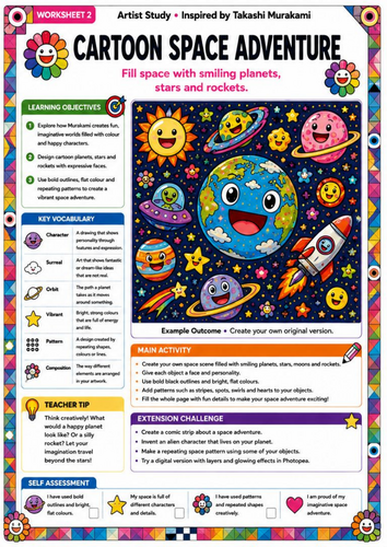 Takashi Murakami Inspired Cartoon Space Adventure | KS3 Fantasy Art Worksheet