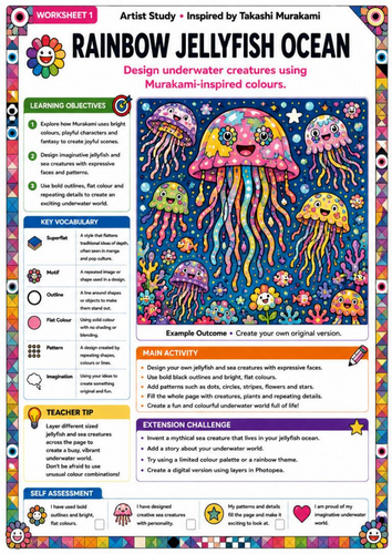 Takashi Murakami Inspired Rainbow Jellyfish Ocean | KS3 Underwater Art Worksheet
