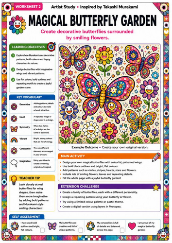 Takashi Murakami Inspired Magical Butterfly Garden | KS3 Symmetry Art Worksheet