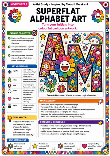 Takashi Murakami Inspired Superflat Alphabet Art | KS3 Lettering & Pattern Worksheet