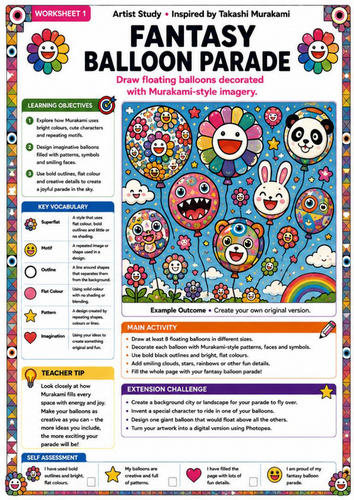 Takashi Murakami Inspired Fantasy Balloon Parade | KS3 Pop Art Drawing Worksheet