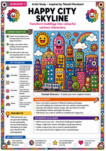 Takashi Murakami Inspired Happy City Skyline | KS3 Cityscape Art Worksheet