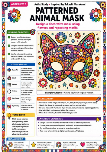 Takashi Murakami Inspired Patterned Animal Mask | KS3 Art & Design Worksheet