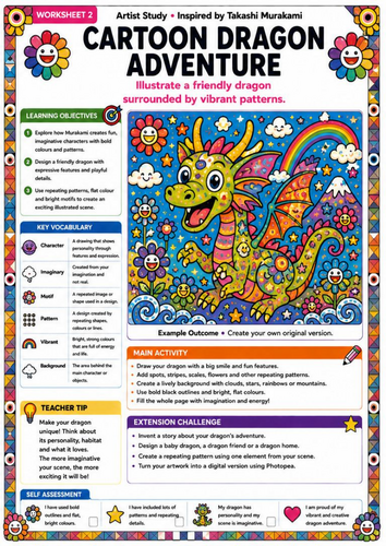 Takashi Murakami Inspired Cartoon Dragon Adventure | KS3 Fantasy Drawing Worksheet