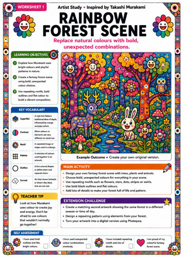 Takashi Murakami Inspired Rainbow Forest Scene | KS3 Fantasy Landscape Worksheet