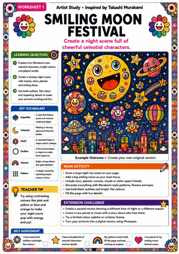 Takashi Murakami Inspired Smiling Moon Festival | KS3 Fantasy Art Worksheet