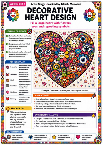 Takashi Murakami Inspired Decorative Heart Design | KS3 Pattern Art Worksheet