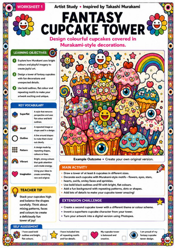 Takashi Murakami Inspired Fantasy Cupcake Tower | KS3 Pop Art Drawing Worksheet