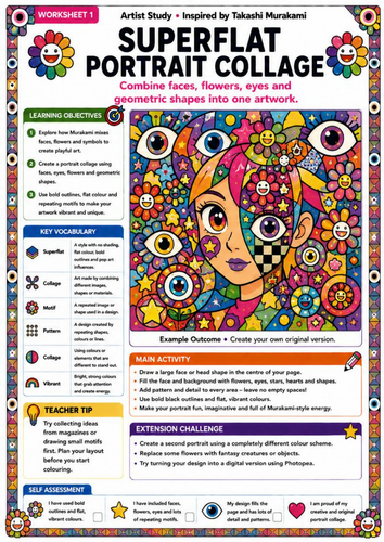 Takashi Murakami Inspired Superflat Portrait Collage | KS3 Mixed Media Art Worksheet