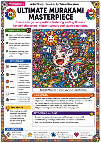 Takashi Murakami Inspired Ultimate Masterpiece | KS3 Superflat Art Project Worksheet