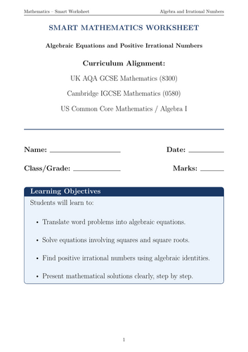 Algebraic Equations and Positive Irrational Numbers