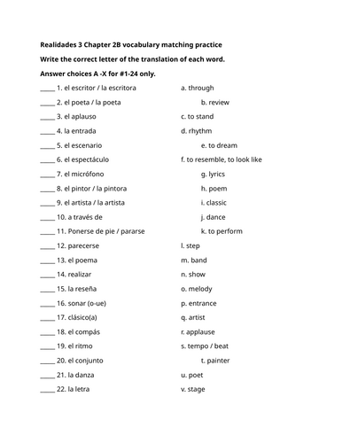 Realidades 3 Chapter 2B vocabulary matching practice