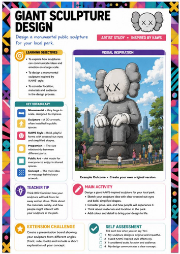 KAWS Inspired Giant Sculpture Design Worksheet | KS3 Art | Public Art Project