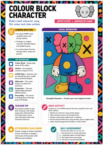 KAWS Inspired Colour Block Character Worksheet | KS3 Art | Colour Theory