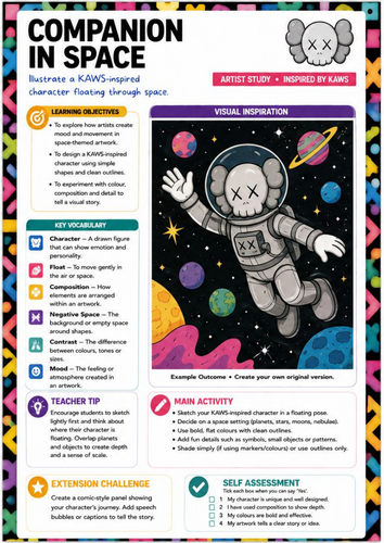 KAWS Inspired Companion in Space Worksheet | KS3 Art | Space Illustration
