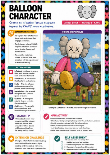 KAWS Inspired Balloon Character Worksheet | KS3 Art | Sculpture Design