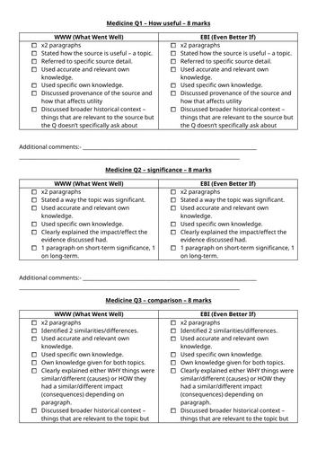 AQA GCSE History Marking Checklists - WW1, Germany, Medicine and Elizabeth