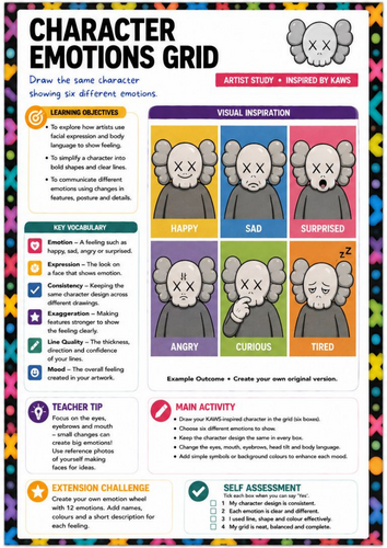 KAWS Inspired Character Emotions Grid Worksheet | KS3 Art | Expression Drawing