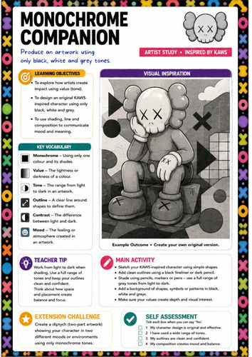 KAWS Inspired Monochrome Companion Worksheet | KS3 Art | Tonal Drawing