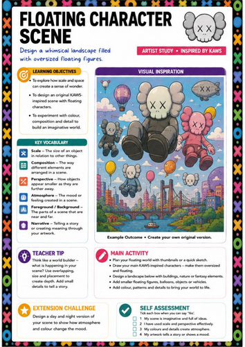 KAWS Inspired Floating Character Scene Worksheet | KS3 Art | Creative Illustration