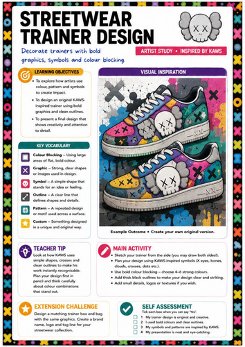 KAWS Inspired Streetwear Trainer Design Worksheet | KS3 Art | Fashion Design