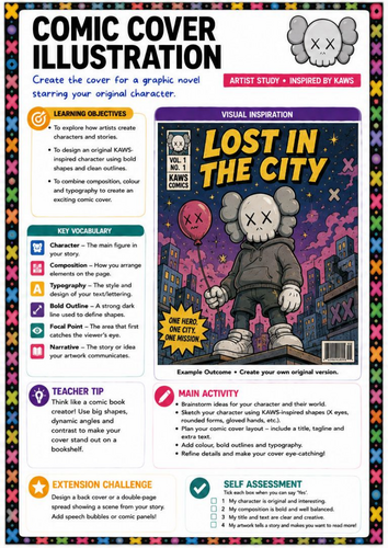 KAWS Inspired Comic Cover Illustration Worksheet | KS3 Art | Graphic Design