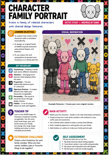 KAWS Inspired Character Family Portrait Worksheet | KS3 Art | Creative Drawing