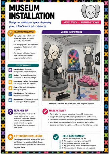 KAWS Inspired Museum Installation Worksheet | KS3 Art | Sculpture & Exhibition Design