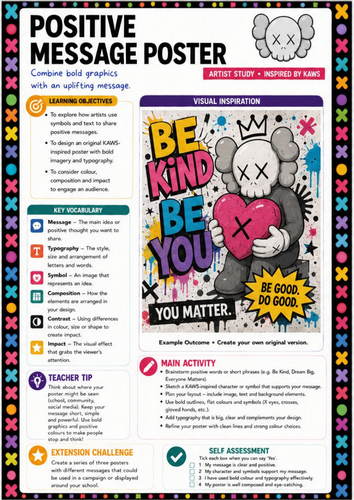 KAWS Inspired Positive Message Poster Worksheet | KS3 Art | Graphic Design