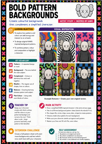 KAWS Inspired Bold Pattern Backgrounds Worksheet | KS3 Art | Pattern & Colour
