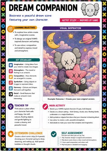KAWS Inspired Dream Companion Worksheet | KS3 Art | Imaginative Illustration