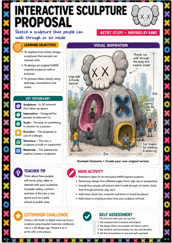 KAWS Inspired Interactive Sculpture Proposal Worksheet | KS3 Art | 3D Design