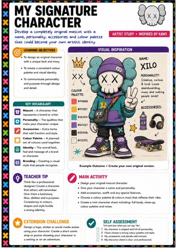 KAWS Inspired My Signature Character Worksheet | KS3 Art | Mascot Design