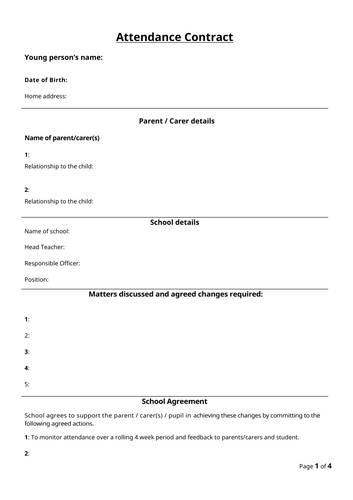 Attendance - Parenting contract Blank/editable