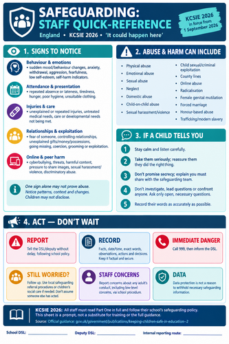 Safeguarding "cheat sheet" for staff- key warning signs KCSIE 2026 update