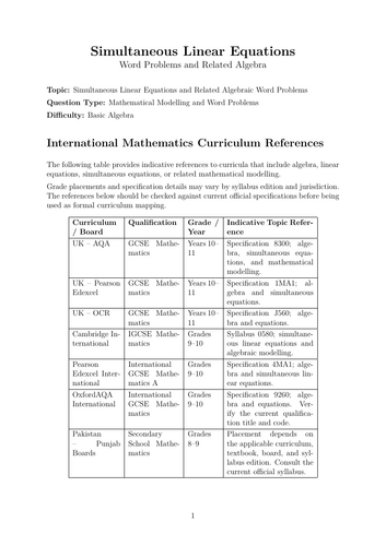 Simultaneous Linear Equations Word Problems and Related Algebra