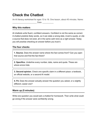 Check the Chatbot: AI Literacy Worksheet