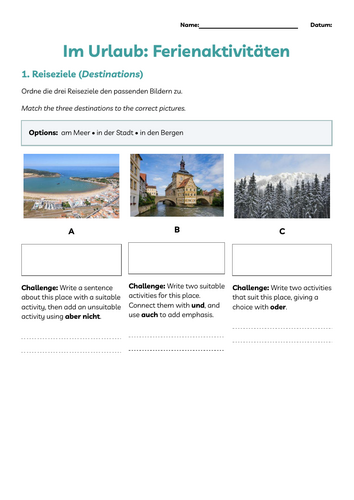 German KS3 / GCSE: Holiday Activities & Conjunctions Worksheets (Im Urlaub: Ferienaktivitäten)