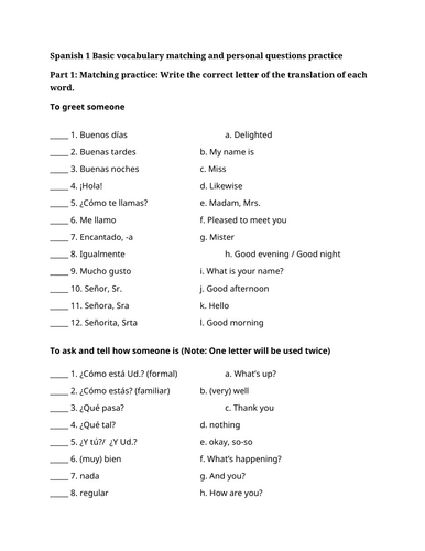 Spanish 1 Basic vocabulary matching and personal questions practice
